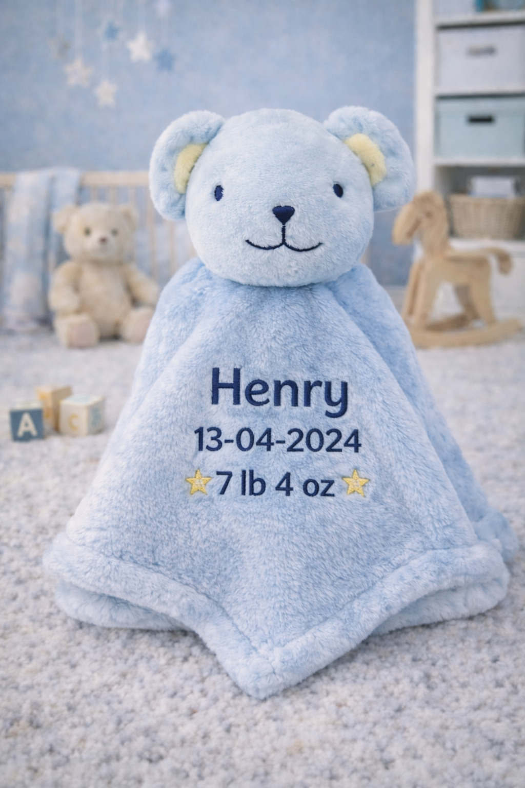 Blue Bear Baby Comforter with Custom Embroidery