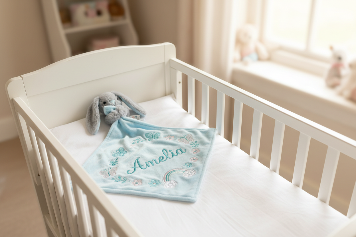 Plush Blue Bunny Baby Comforter with Custom Embroidery