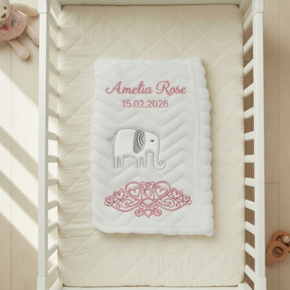 Personalised Light Grey Baby Blanket – Elephant Appliqué & Embroidery