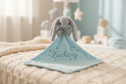 Plush Blue Bunny Baby Comforter with Custom Embroidery