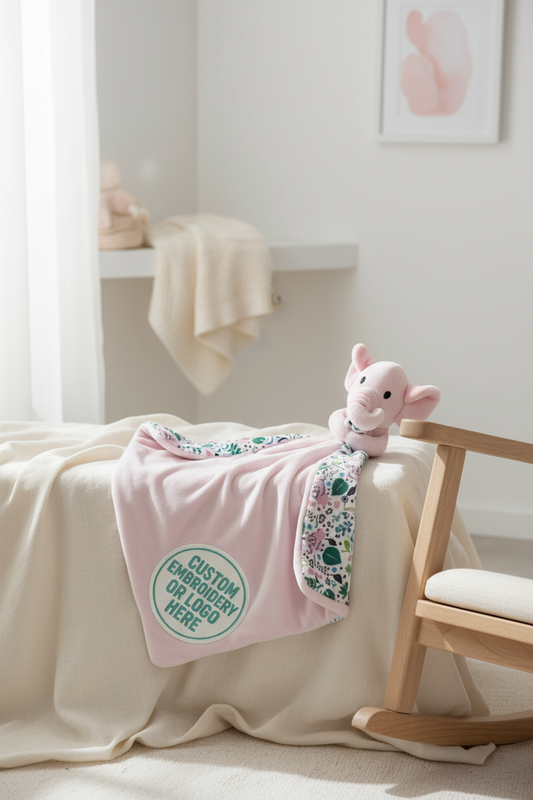 Baby Pink Elephant + Elephant Print Comforter With Custom Embroidery
