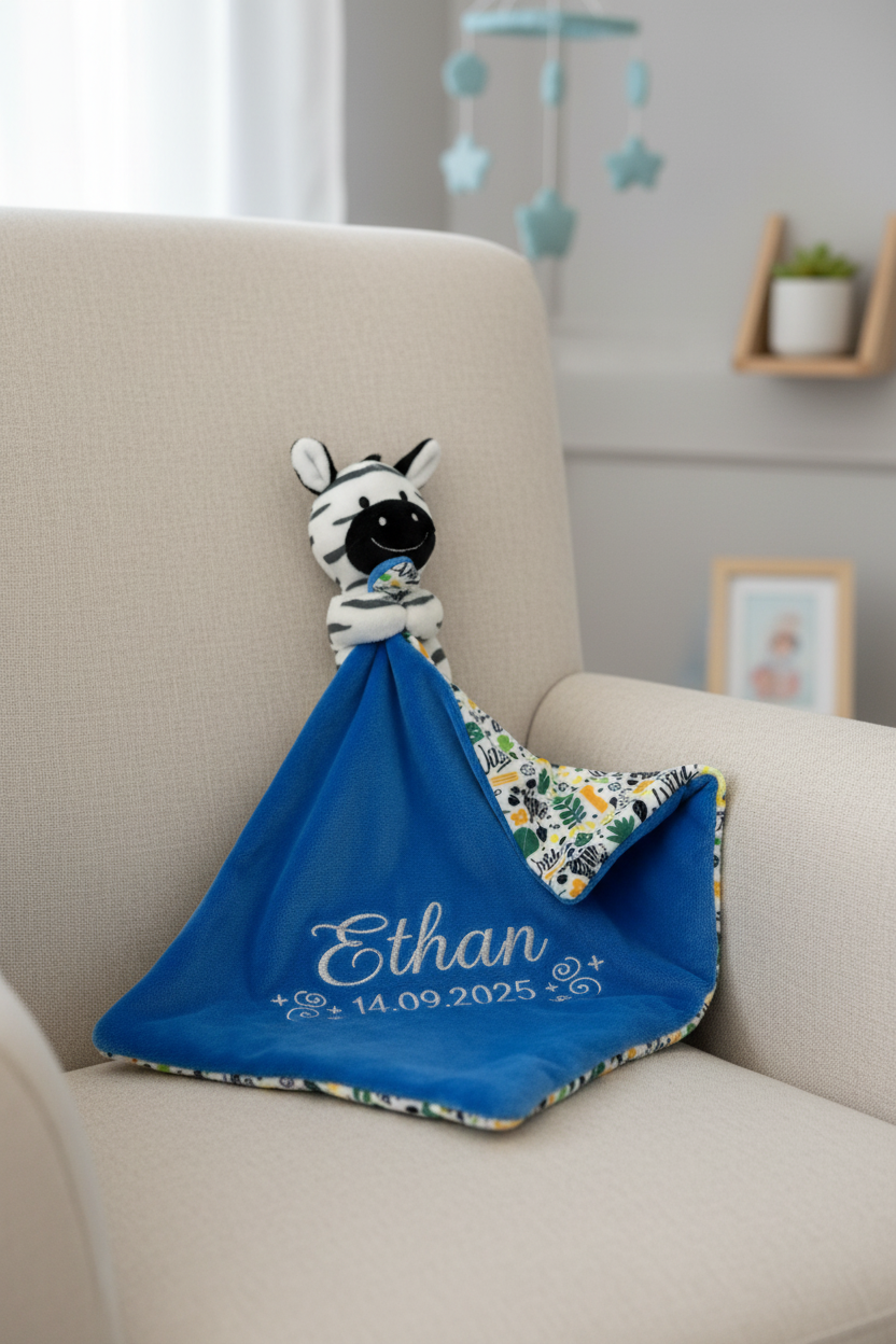 Baby Zebra + Zebra Print Comforter With Custom Embroidery