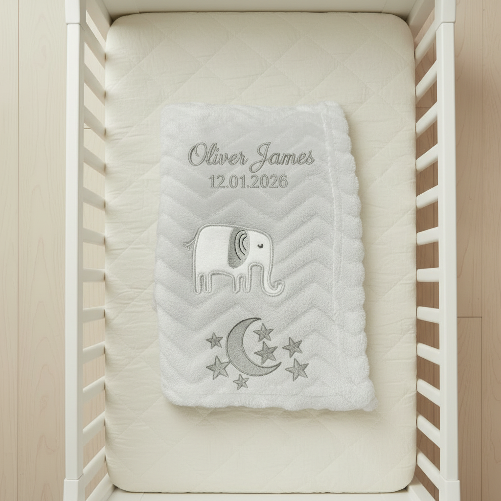 Personalised Light Grey Baby Blanket – Elephant Appliqué & Embroidery