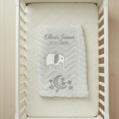 Personalised Light Grey Baby Blanket – Elephant Appliqué & Embroidery