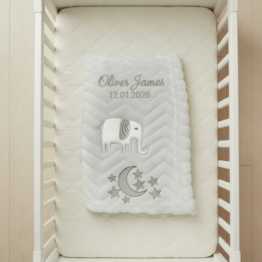 Personalised Light Grey Baby Blanket – Elephant Appliqué & Embroidery